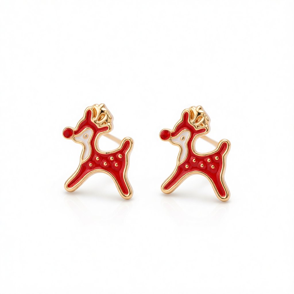 Cubic Zirconia and Enamel 18K Gold-Plated Red Nose Reindeer Stud Earrings, gold stud earrings for women, side view