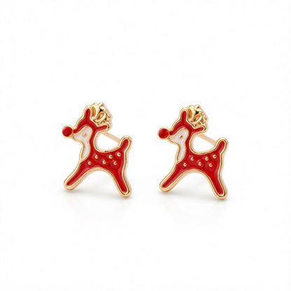 Cubic Zirconia and Enamel 18K Gold-Plated Red Nose Reindeer Stud Earrings, gold stud earrings for women, side view