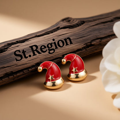 Red Enamel and 18K Gold-Plated Slouchy Santa Hat Stud Earrings, cubic zirconia stud earrings for women, front view