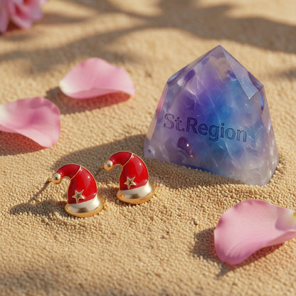 Red Enamel and 18K Gold-Plated Slouchy Santa Hat Stud Earrings, cubic zirconia stud earrings for women, detail close-up