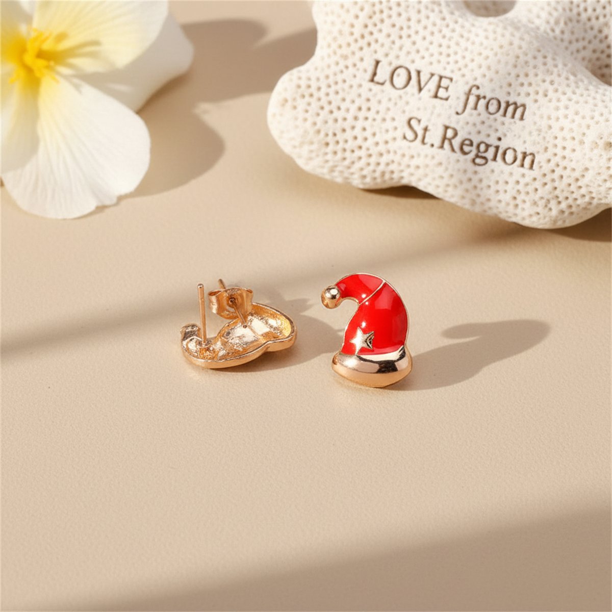 Red Enamel and 18K Gold-Plated Slouchy Santa Hat Stud Earrings, cubic zirconia stud earrings for women, lifestyle look