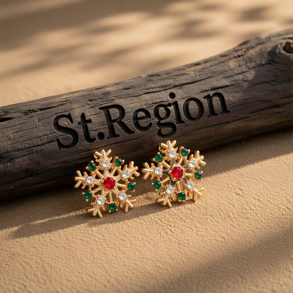 Cubic Zirconia and 18K Gold-Plated Snowflake Stud Earrings, gold stud earrings for women, botanical inspired, front view