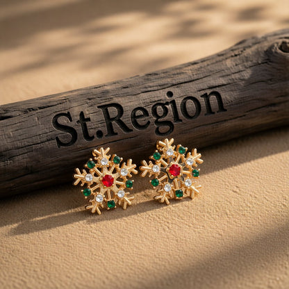 Cubic Zirconia and 18K Gold-Plated Snowflake Stud Earrings, gold stud earrings for women, botanical inspired, front view