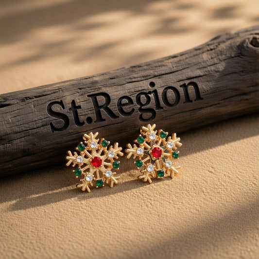 Cubic Zirconia and 18K Gold-Plated Snowflake Stud Earrings, gold stud earrings for women, botanical inspired, front view