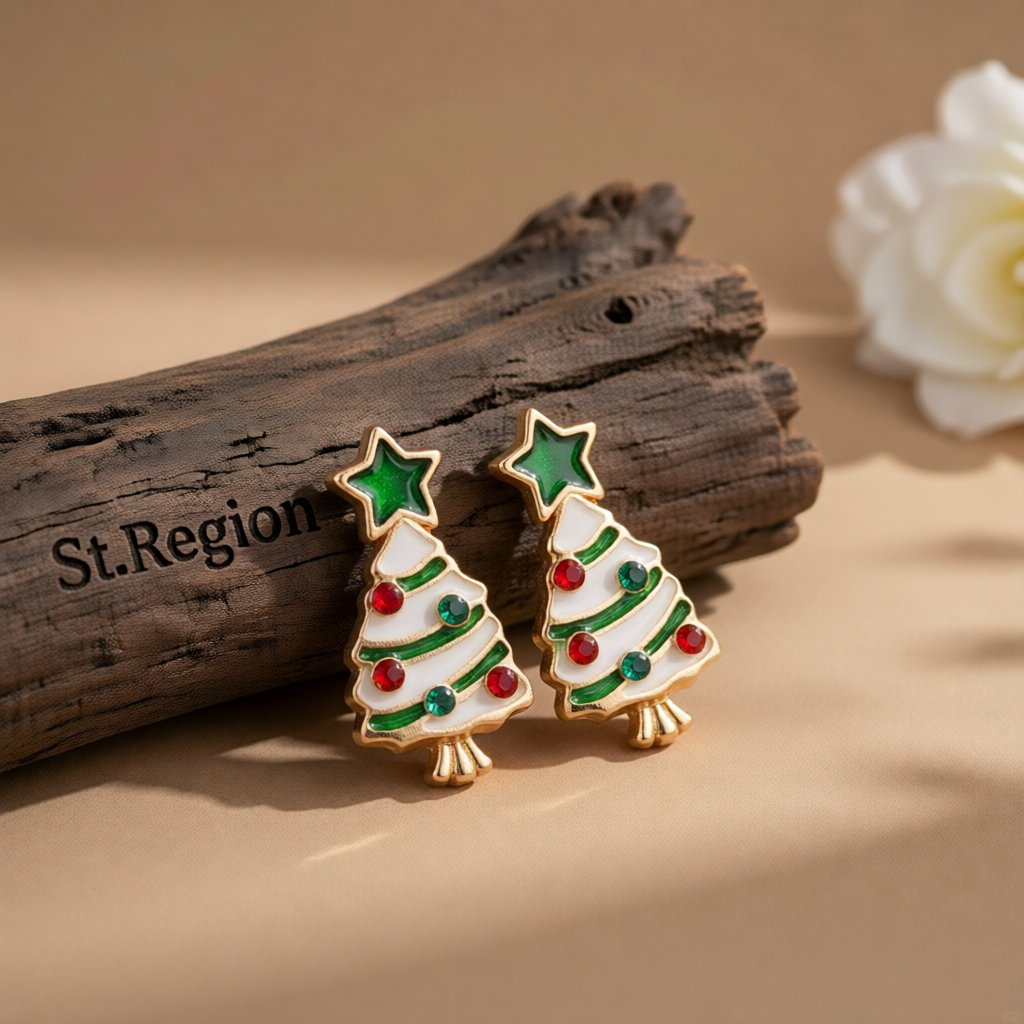 Cubic Zirconia and Enamel 18K Gold-Plated Star Christmas Tree Stud Earrings, gold stud earrings for women, front view