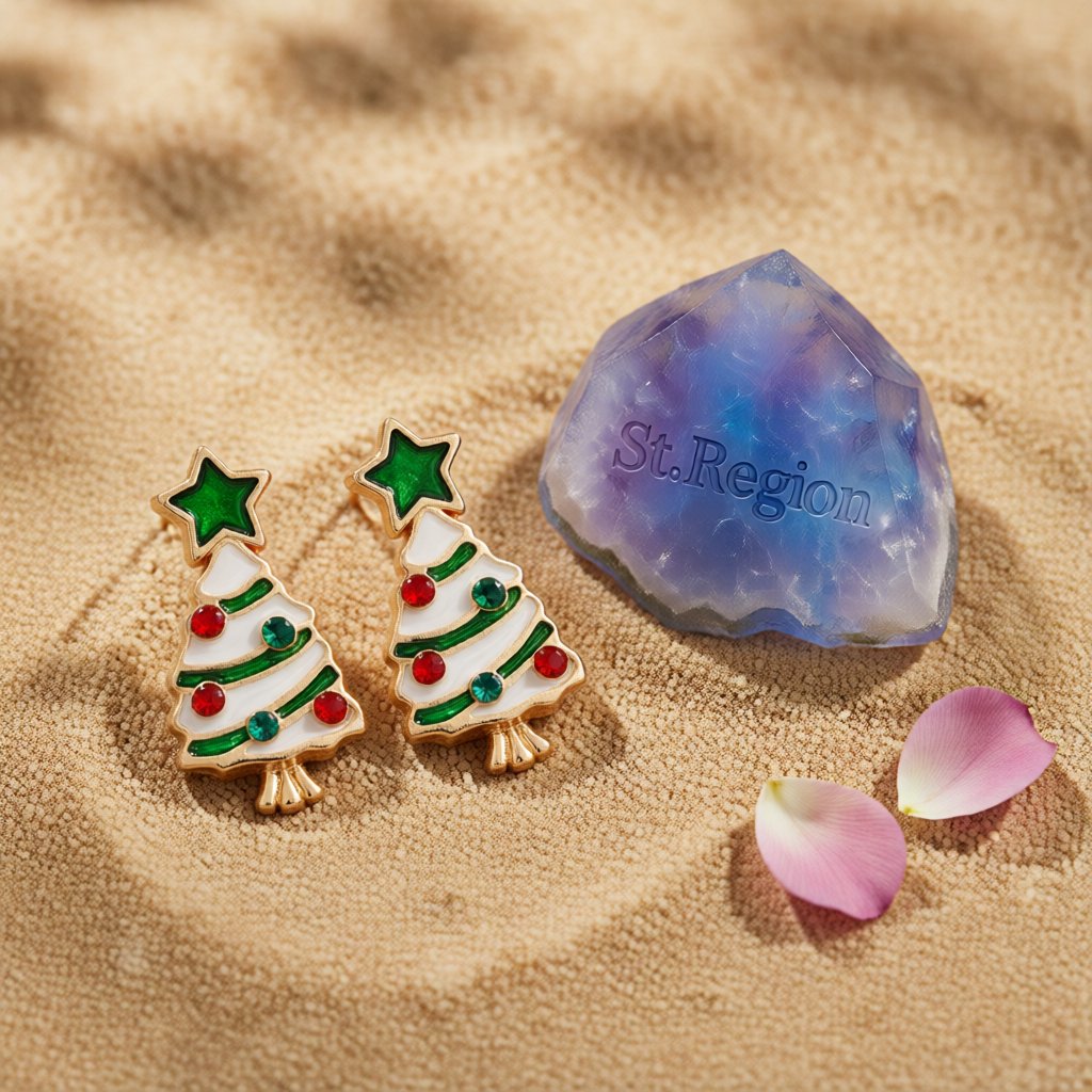 Cubic Zirconia and Enamel 18K Gold-Plated Star Christmas Tree Stud Earrings, gold stud earrings for women, detail close-up