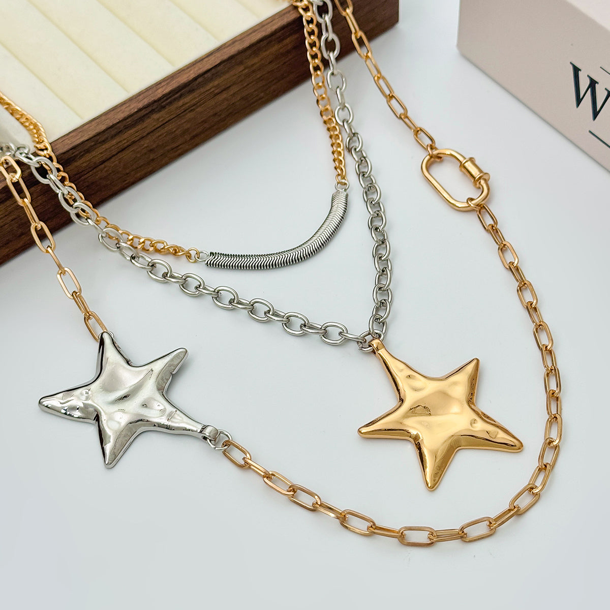 Two Tone Star Pendant Layered Necklace, elegant gift for her, side view