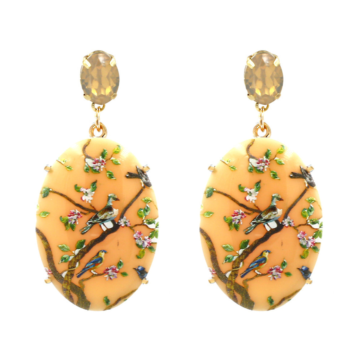 Beige Crystal & Resin 18K Gold-Plated Bird Branch Oval Drop Earrings