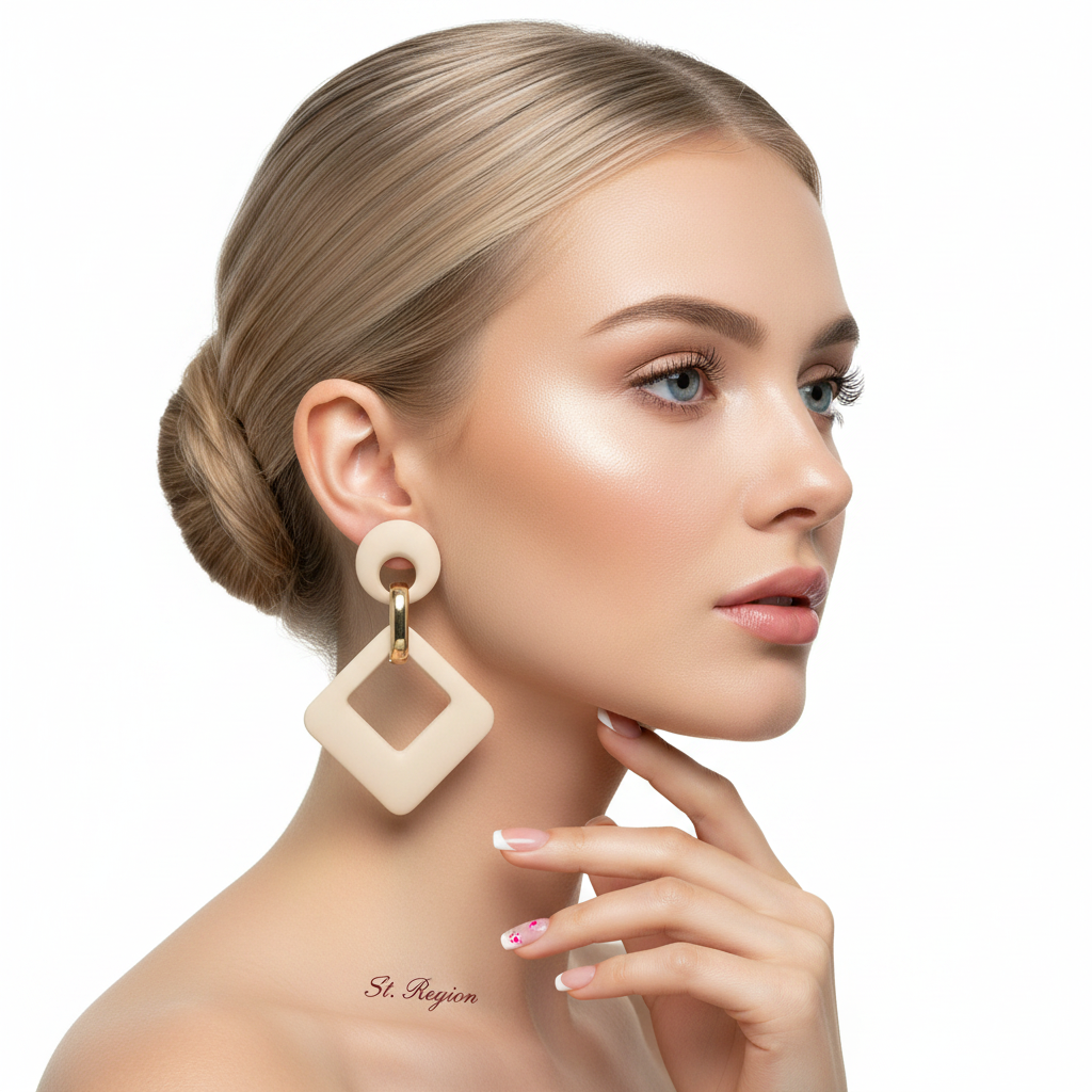 Beige Enamel & 18K Gold-Plated Open Rhombus Drop Earrings - Street Region