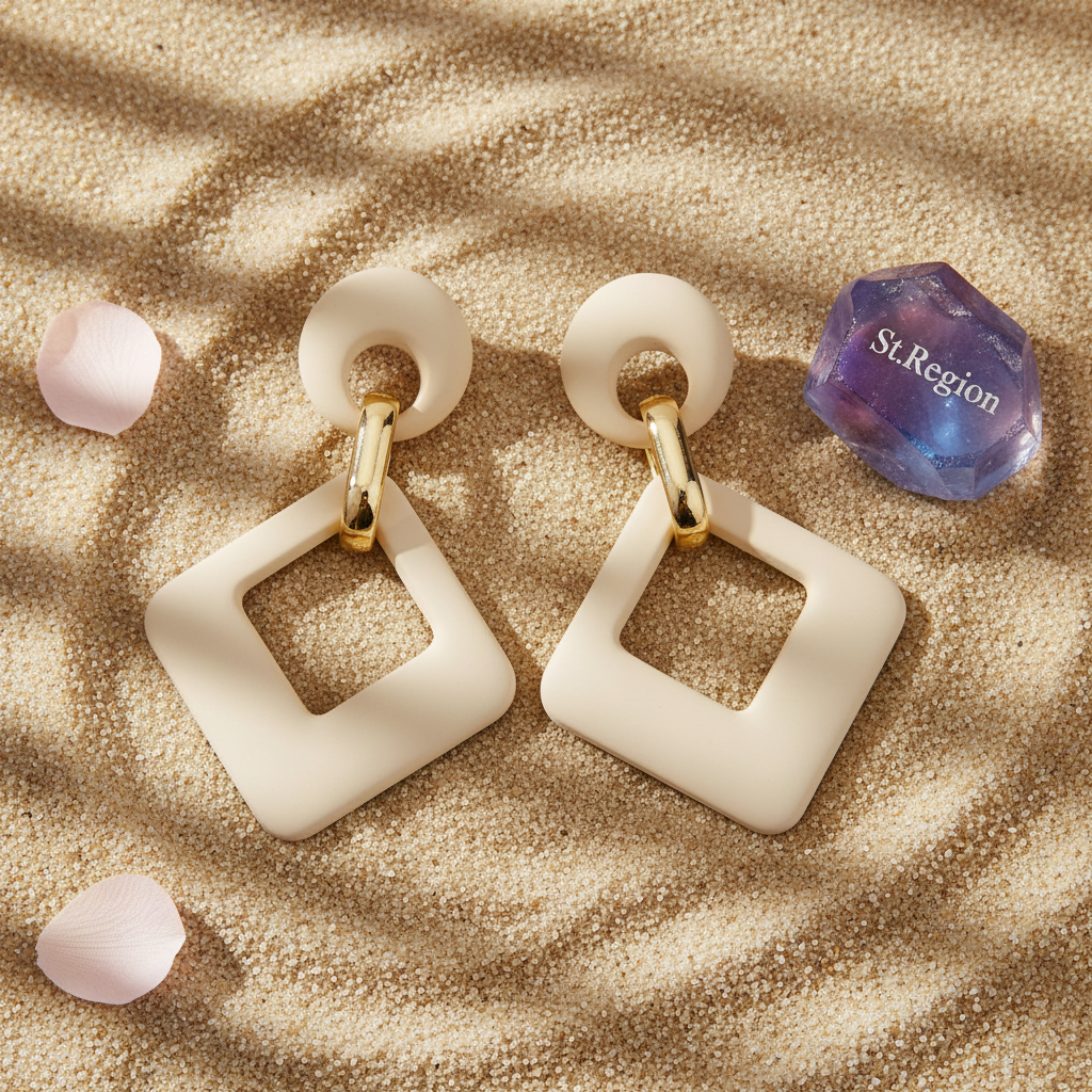 Beige Enamel & 18K Gold-Plated Open Rhombus Drop Earrings - Street Region