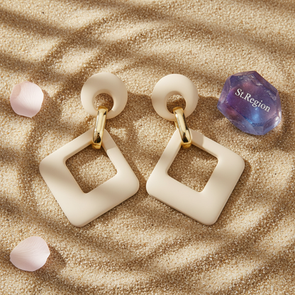 Beige Enamel & 18K Gold-Plated Open Rhombus Drop Earrings - Street Region