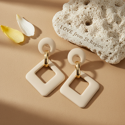 Beige Enamel & 18K Gold-Plated Open Rhombus Drop Earrings - Street Region