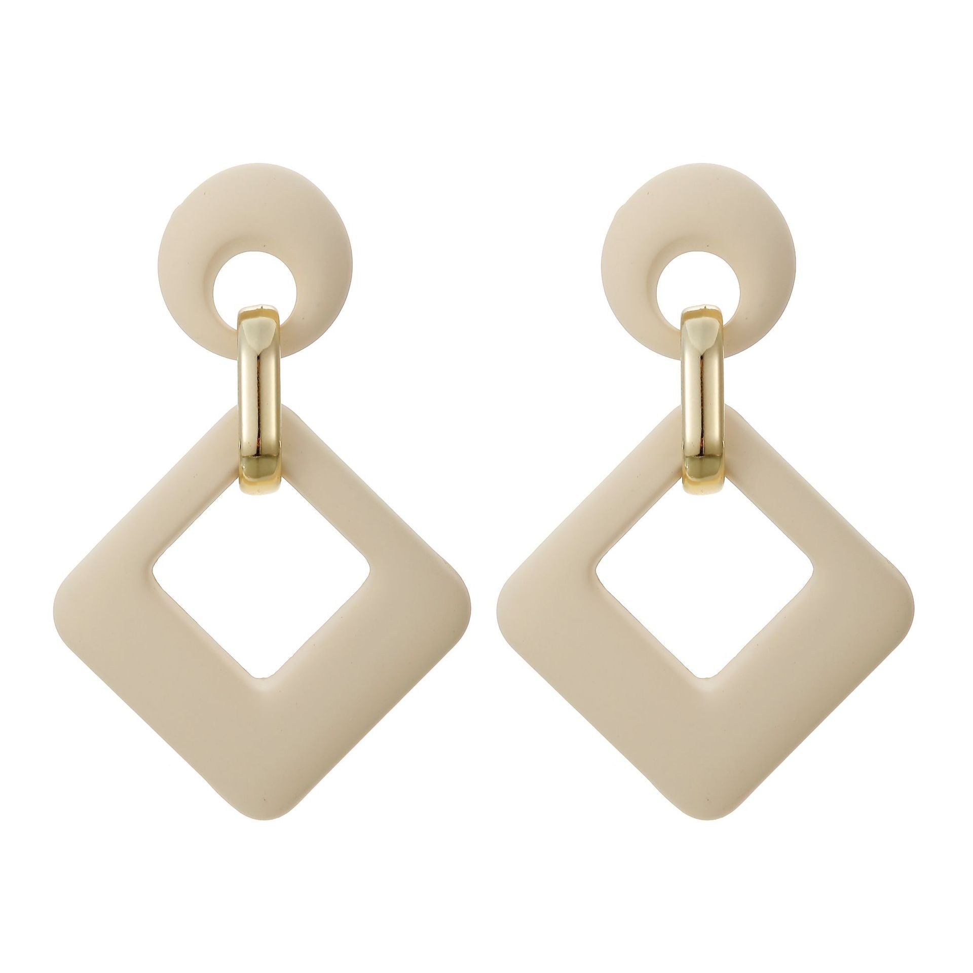 Beige Enamel & 18K Gold-Plated Open Rhombus Drop Earrings