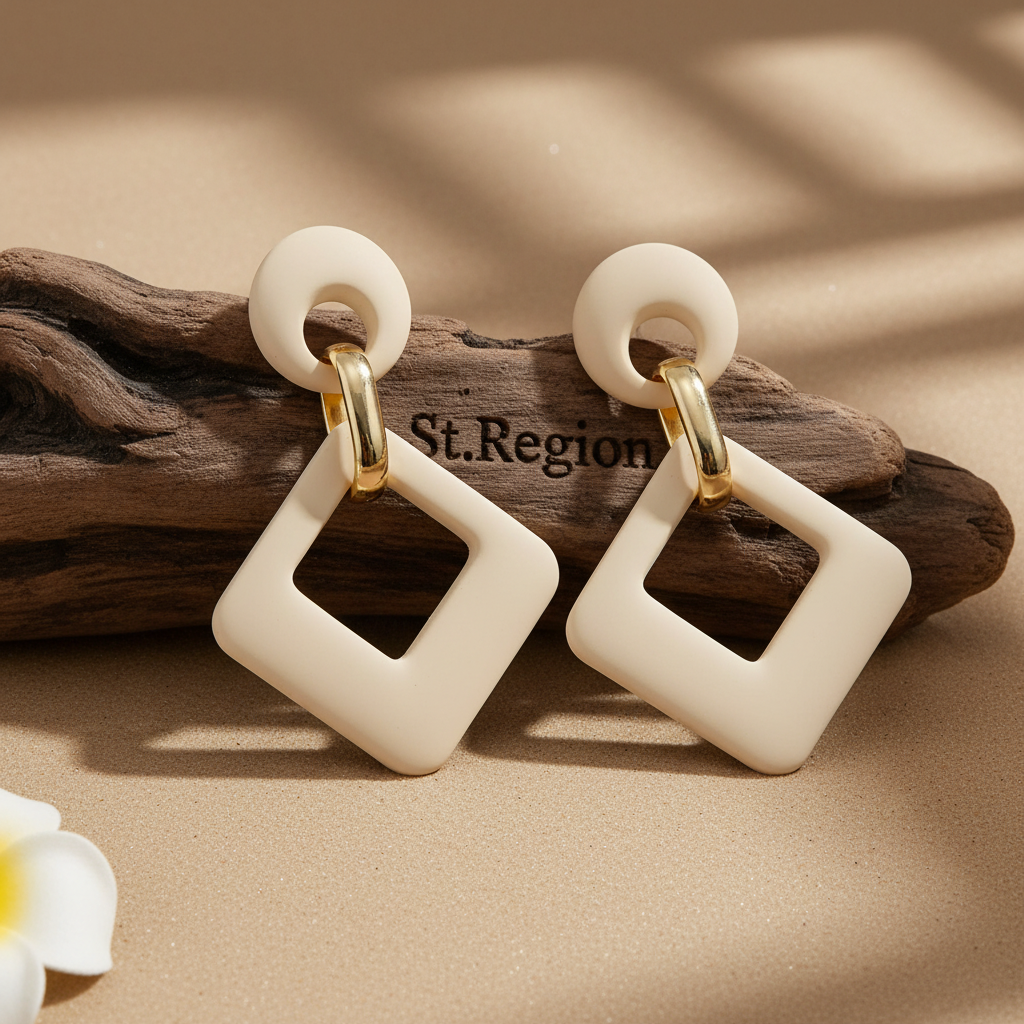 Beige Enamel & 18K Gold-Plated Open Rhombus Drop Earrings - Street Region