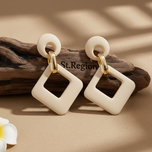 Beige Enamel & 18K Gold-Plated Open Rhombus Drop Earrings - Street Region