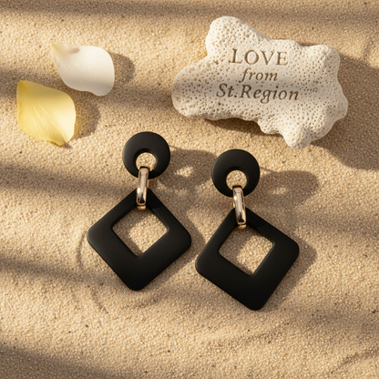Black Enamel & 18K Gold-Plated Open Rhombus Drop Earrings - Street Region