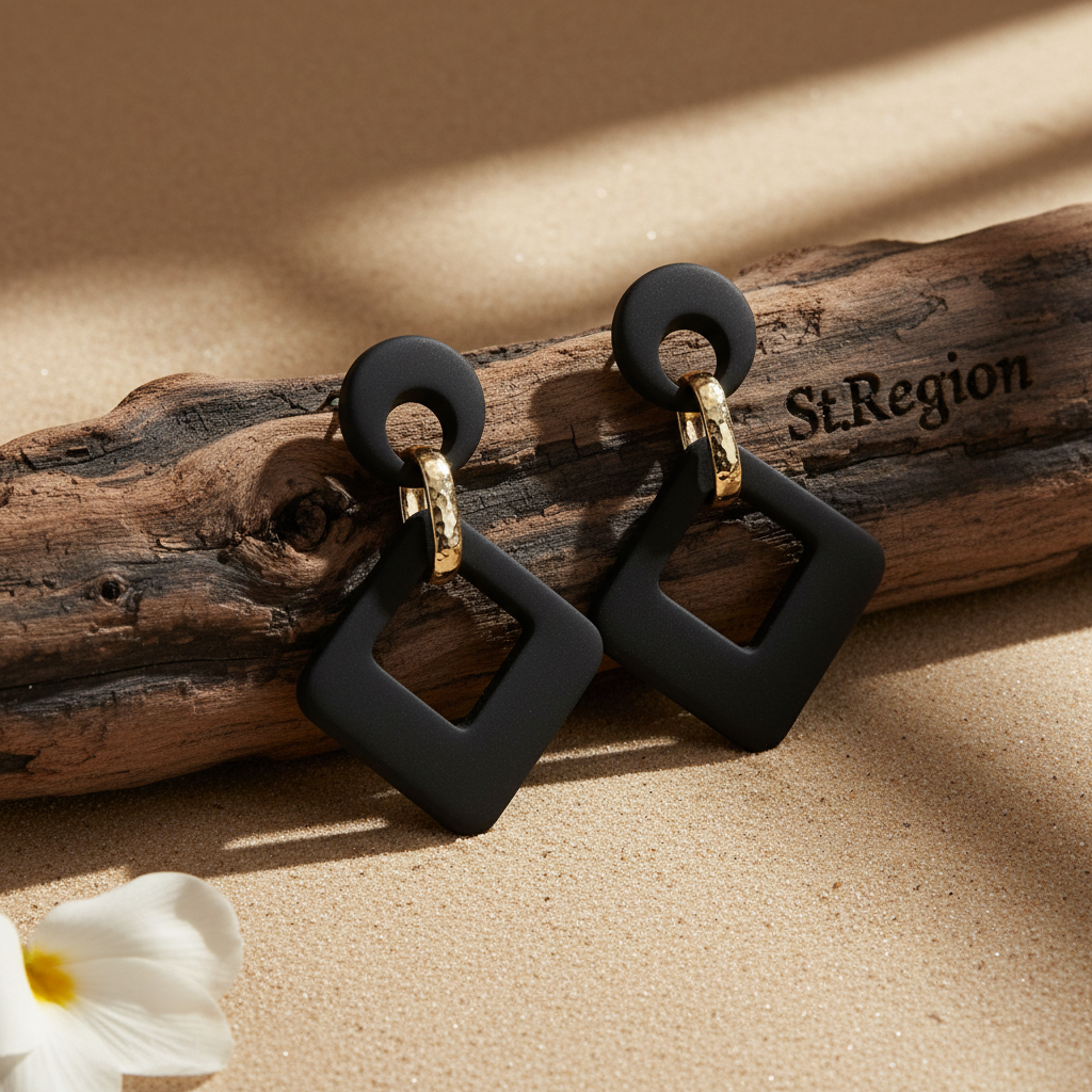 Black Enamel & 18K Gold-Plated Open Rhombus Drop Earrings - Street Region