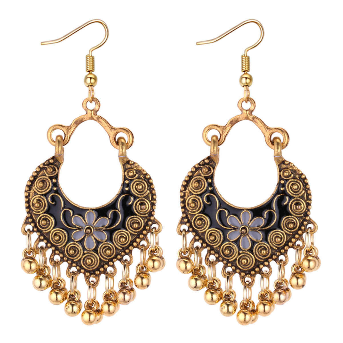 Black Enamel and 18K Gold Plated Ball-Detail Flower Drop Earrings, gold drop earrings for women, front view