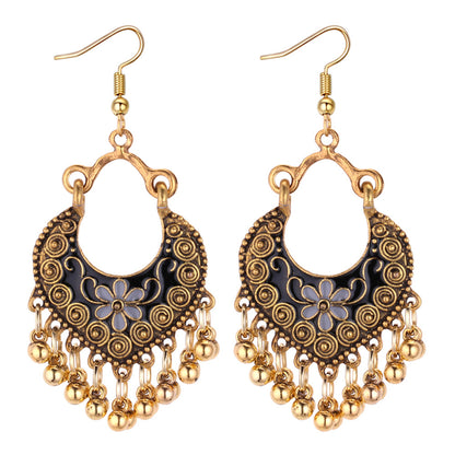Black Enamel and 18K Gold Plated Ball-Detail Flower Drop Earrings, gold drop earrings for women, front view