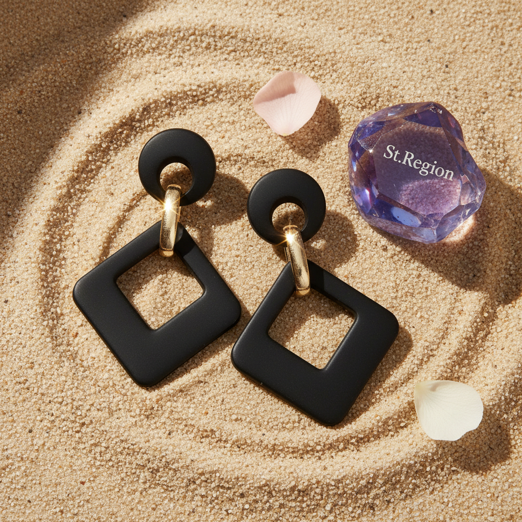 Black Enamel & 18K Gold-Plated Open Rhombus Drop Earrings - Street Region