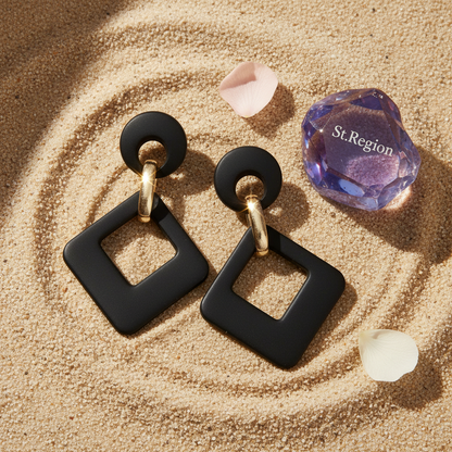 Black Enamel & 18K Gold-Plated Open Rhombus Drop Earrings - Street Region
