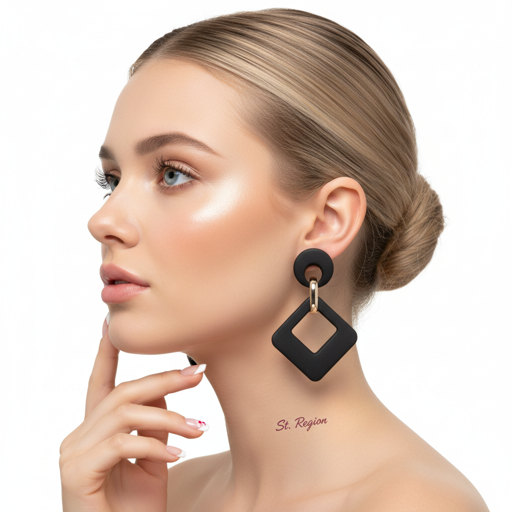 Black Enamel & 18K Gold-Plated Open Rhombus Drop Earrings - Street Region