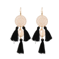 Black Polyster & Shell 18K Gold-Plated Cowrie Tassel Openwork Drop Earrings