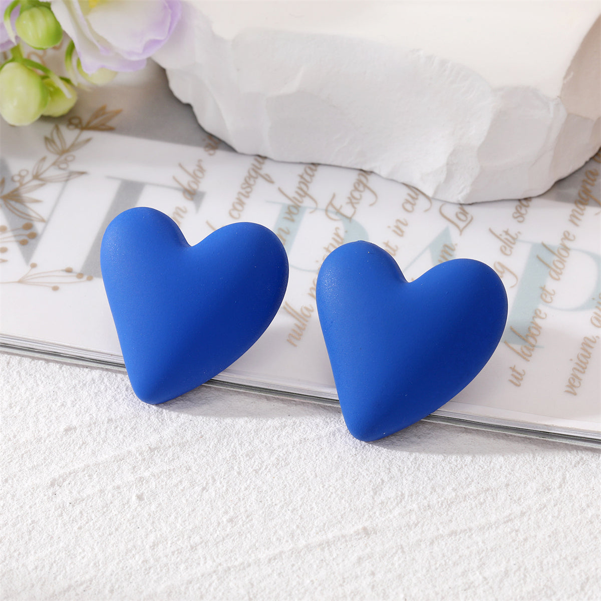 Blue Acrylic and Silve-Plated Heart Stud Earrings, stud earrings for women, dainty minimalist design, detail close-up