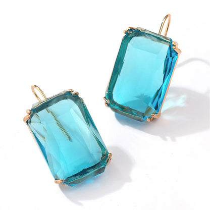 Blue Crystal and 18K Gold-Plated Emerald-Cut Drop Earrings, gold drop earrings for women, vintage-inspired design, side view