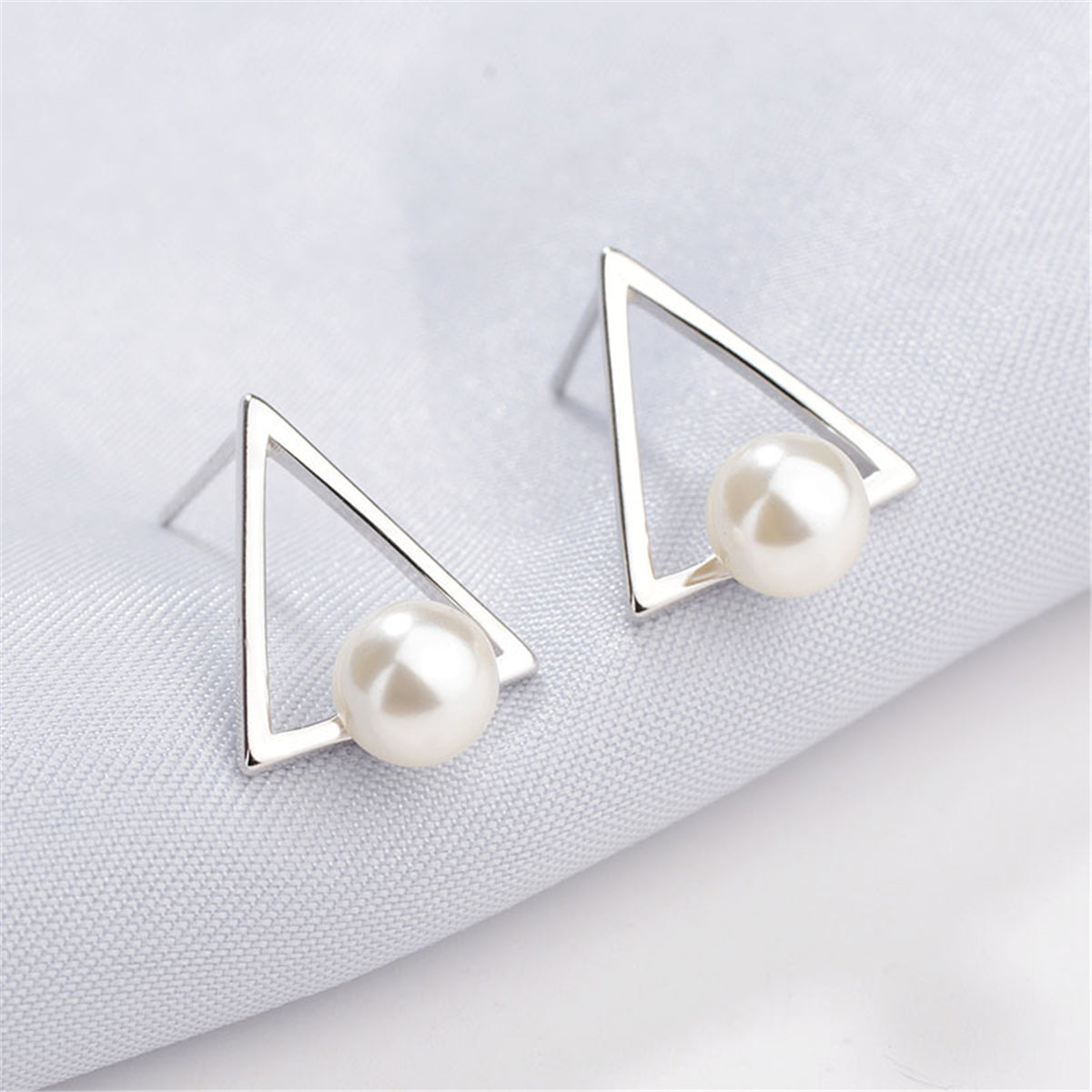 Pearl & Silver-Plated Hollow-Triangle Stud Earrings