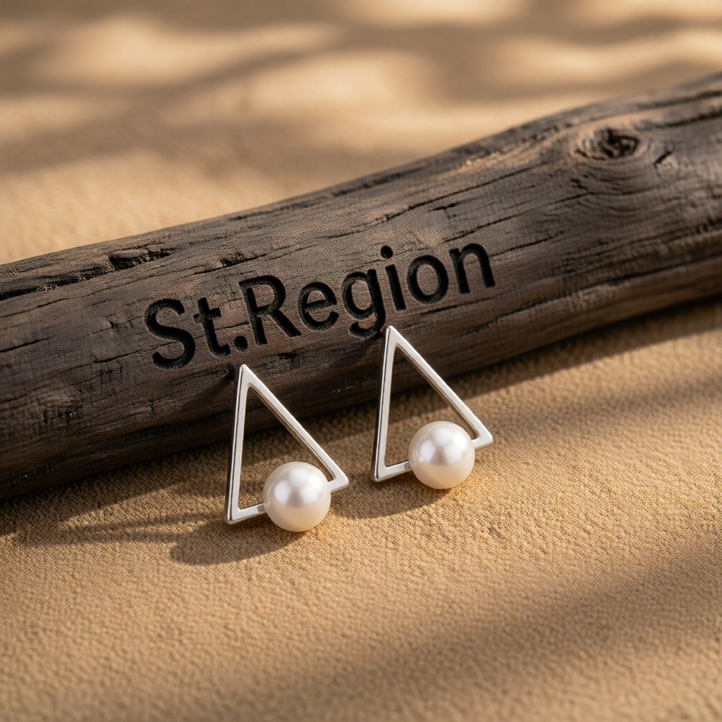 Pearl and Silver-Plated Hollow-Triangle Stud Earrings, cubic zirconia stud earrings for women, front view