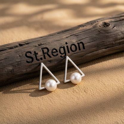 Pearl and Silver-Plated Hollow-Triangle Stud Earrings, cubic zirconia stud earrings for women, front view