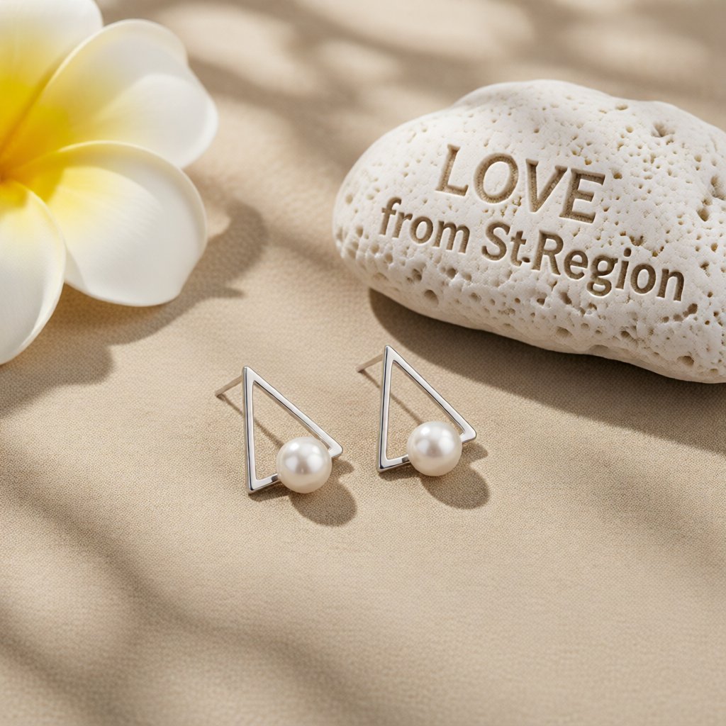 Pearl and Silver-Plated Hollow-Triangle Stud Earrings, cubic zirconia stud earrings for women, lifestyle look
