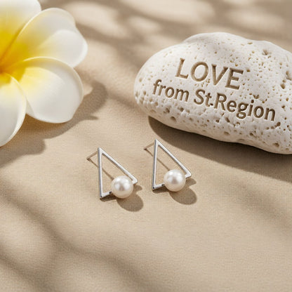 Pearl and Silver-Plated Hollow-Triangle Stud Earrings, cubic zirconia stud earrings for women, lifestyle look
