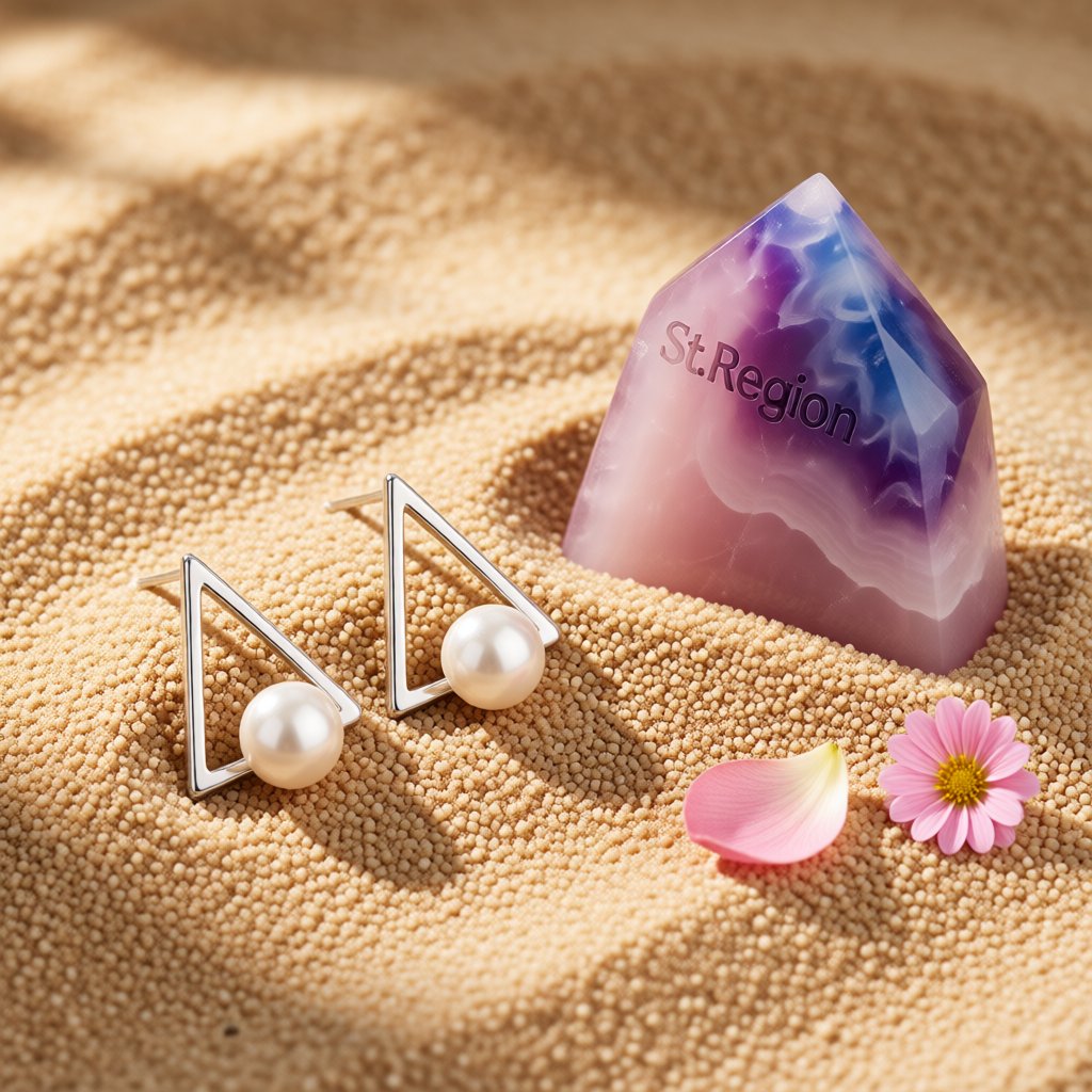Pearl and Silver-Plated Hollow-Triangle Stud Earrings, cubic zirconia stud earrings for women, detail close-up
