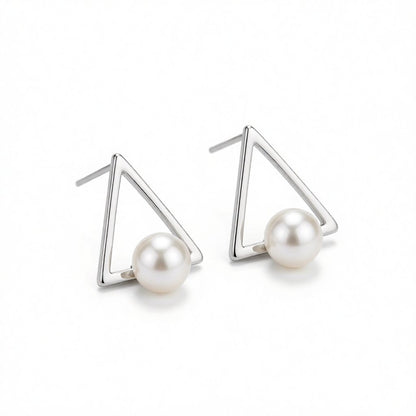 Pearl and Silver-Plated Hollow-Triangle Stud Earrings, cubic zirconia stud earrings for women, side view
