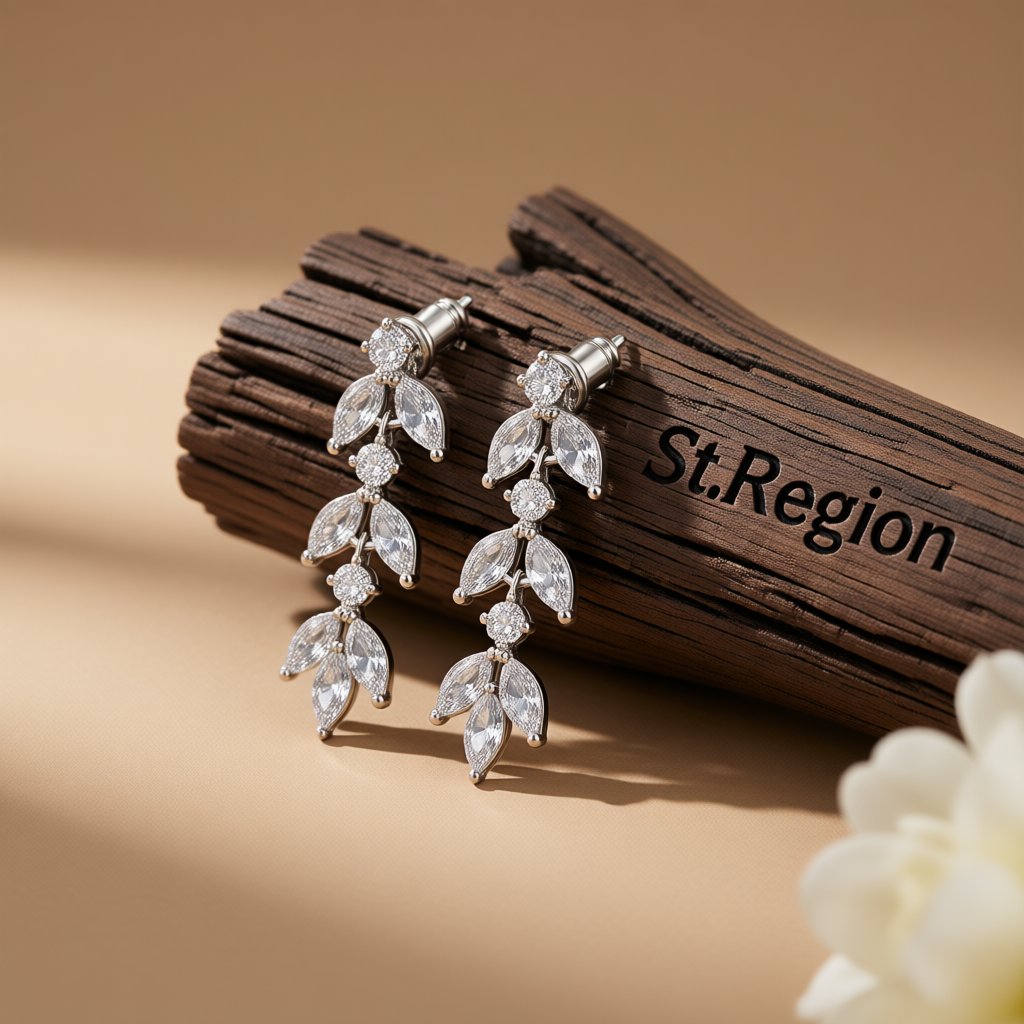 Black Marquise Crystal and Cubic Zirconia Leaves Drop Earrings, drop earrings for women, dainty minimalist design, front view