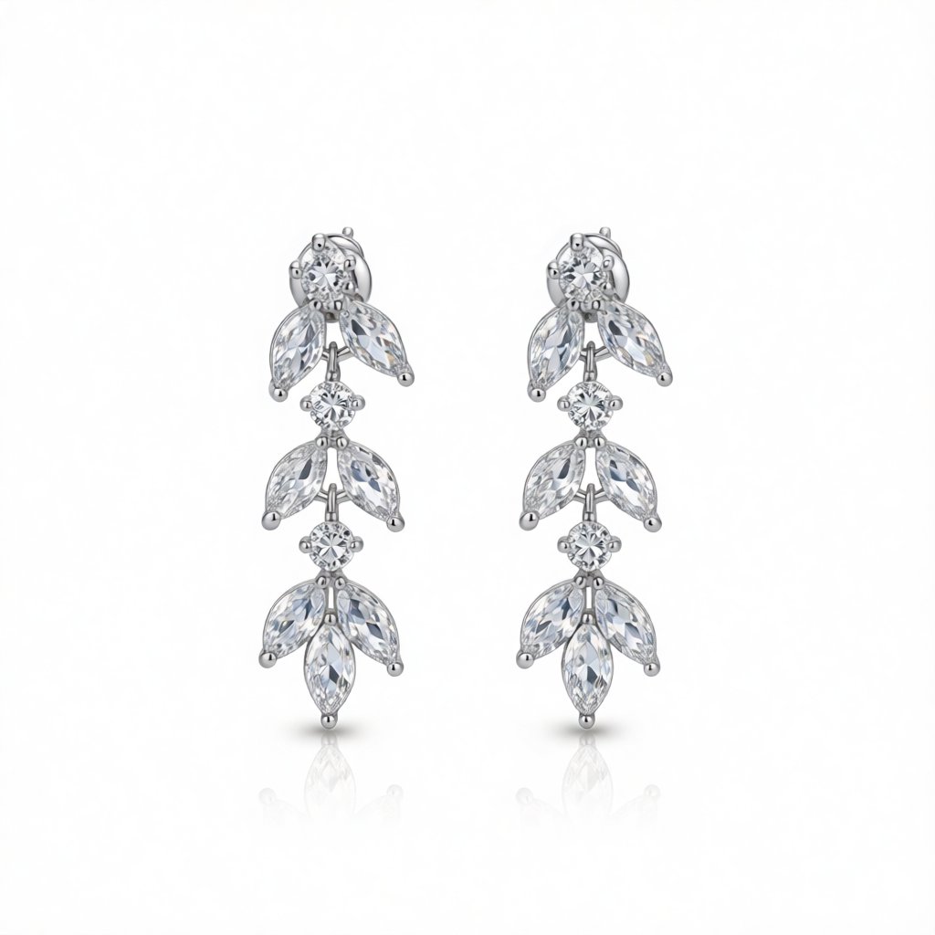 Black Marquise Crystal and Cubic Zirconia Leaves Drop Earrings, drop earrings for women, dainty minimalist design, side view