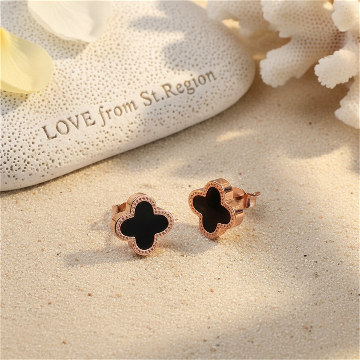 Black and 18K Rose Gold-Plated Clover Stud Earrings, rose gold stud earrings for women, lifestyle look
