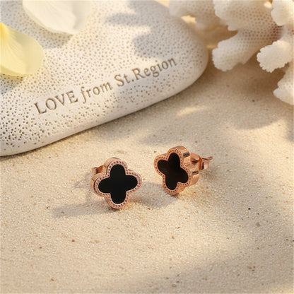 Black and 18K Rose Gold-Plated Clover Stud Earrings, rose gold stud earrings for women, lifestyle look