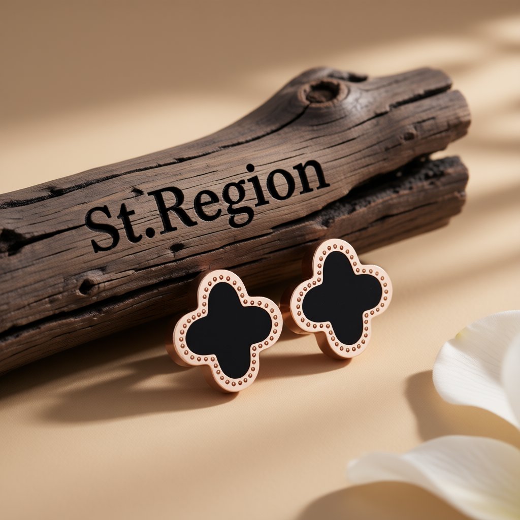Black and 18K Rose Gold-Plated Clover Stud Earrings, rose gold stud earrings for women, vintage-inspired design, front view