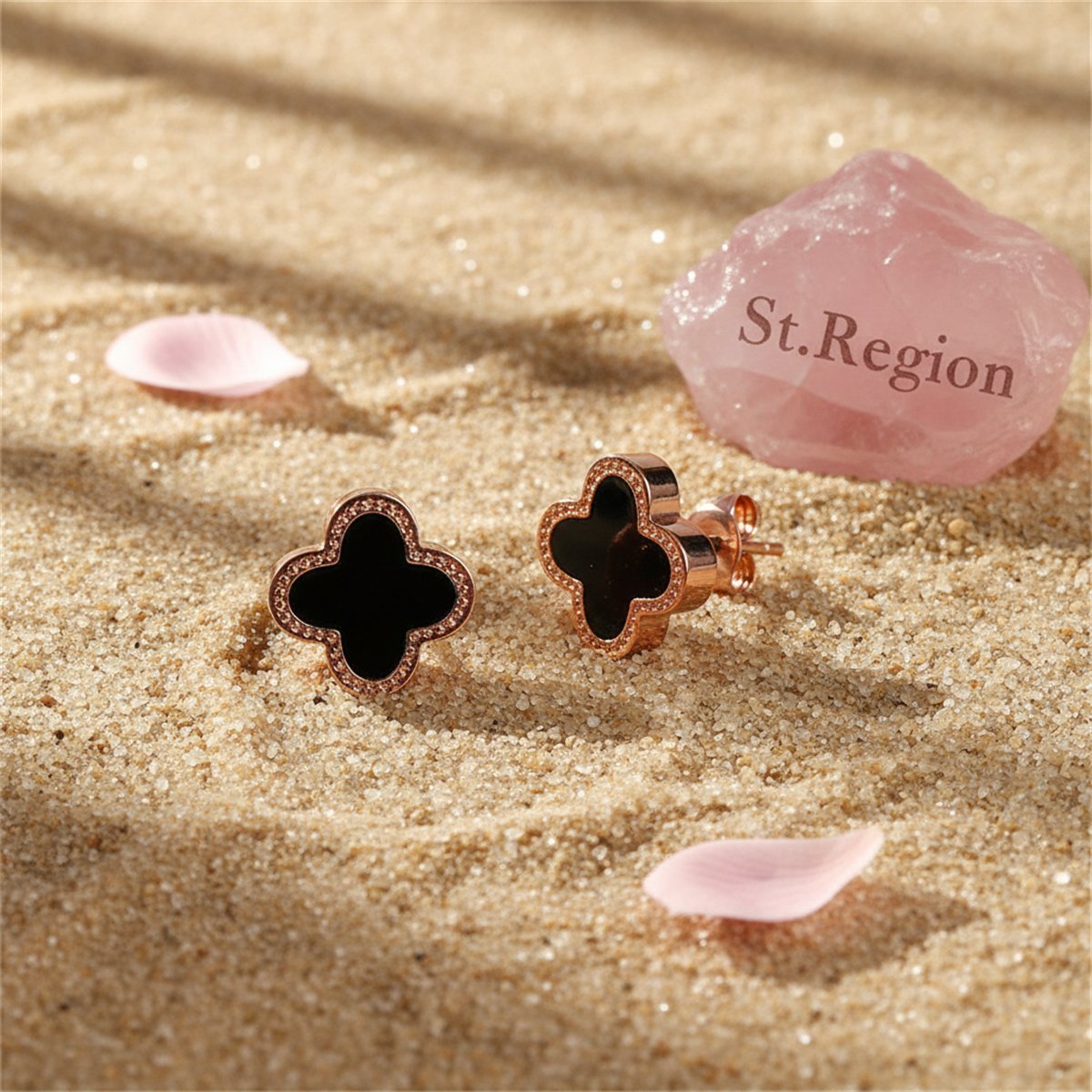 Black and 18K Rose Gold-Plated Clover Stud Earrings, rose gold stud earrings for women, detail close-up