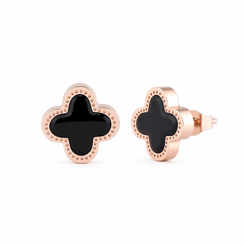 Black and 18K Rose Gold-Plated Clover Stud Earrings, rose gold stud earrings for women, vintage-inspired design, side view