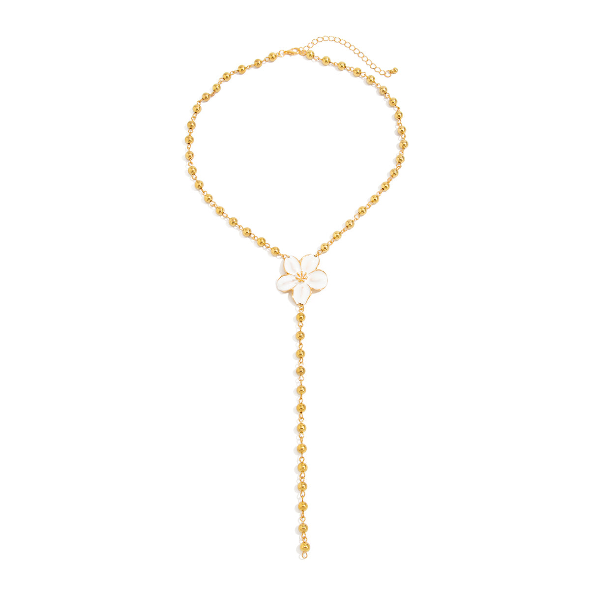 Enamel and Goldtone Beaded Chain Flower Y-Necklace, botanical inspired, front view