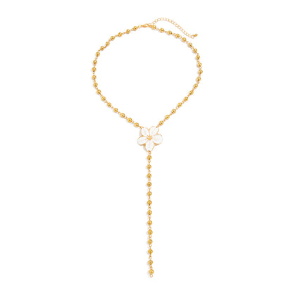 Enamel and Goldtone Beaded Chain Flower Y-Necklace, botanical inspired, front view