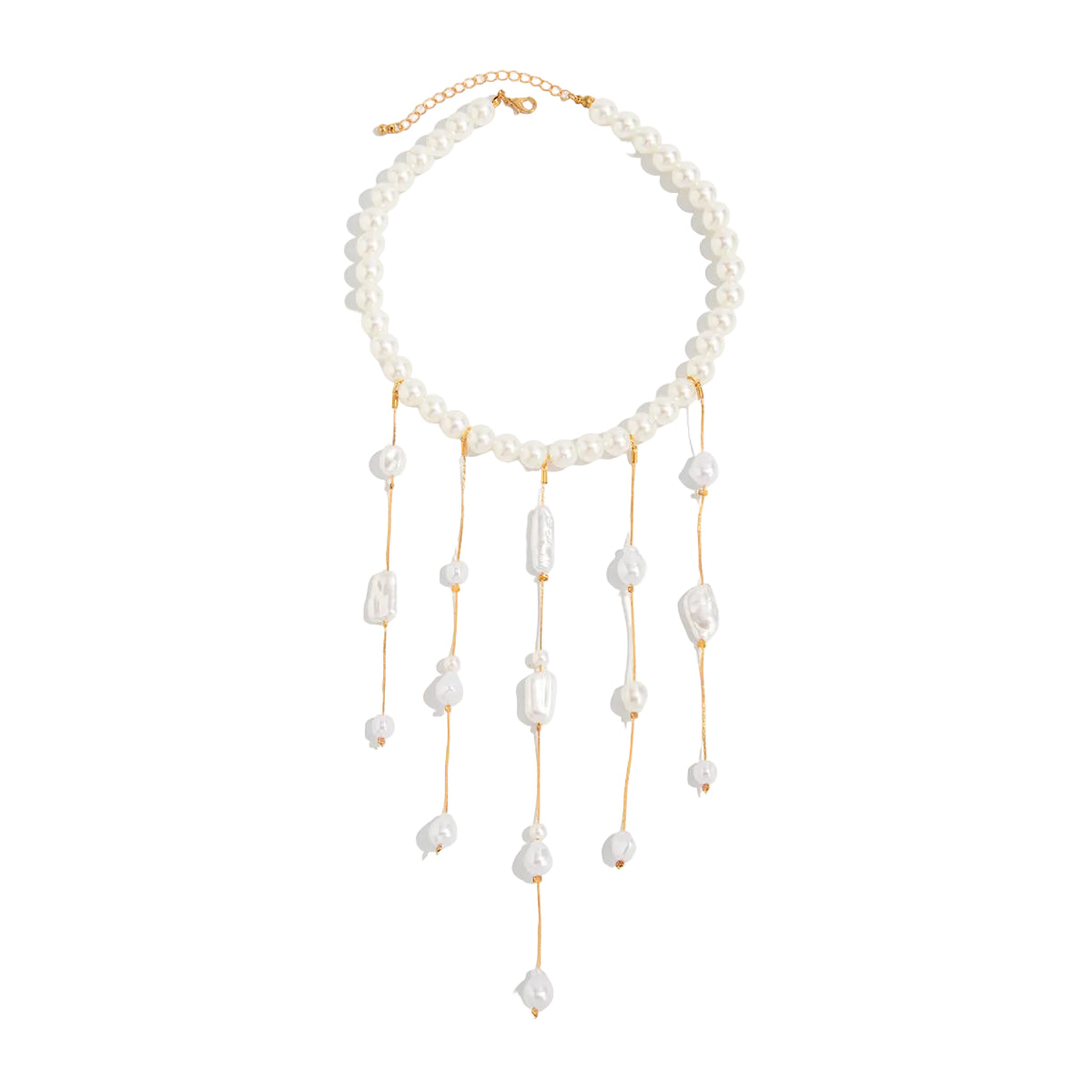 Pearl and Goldtone Tassel Collar Necklace, elegant gift for her, front view