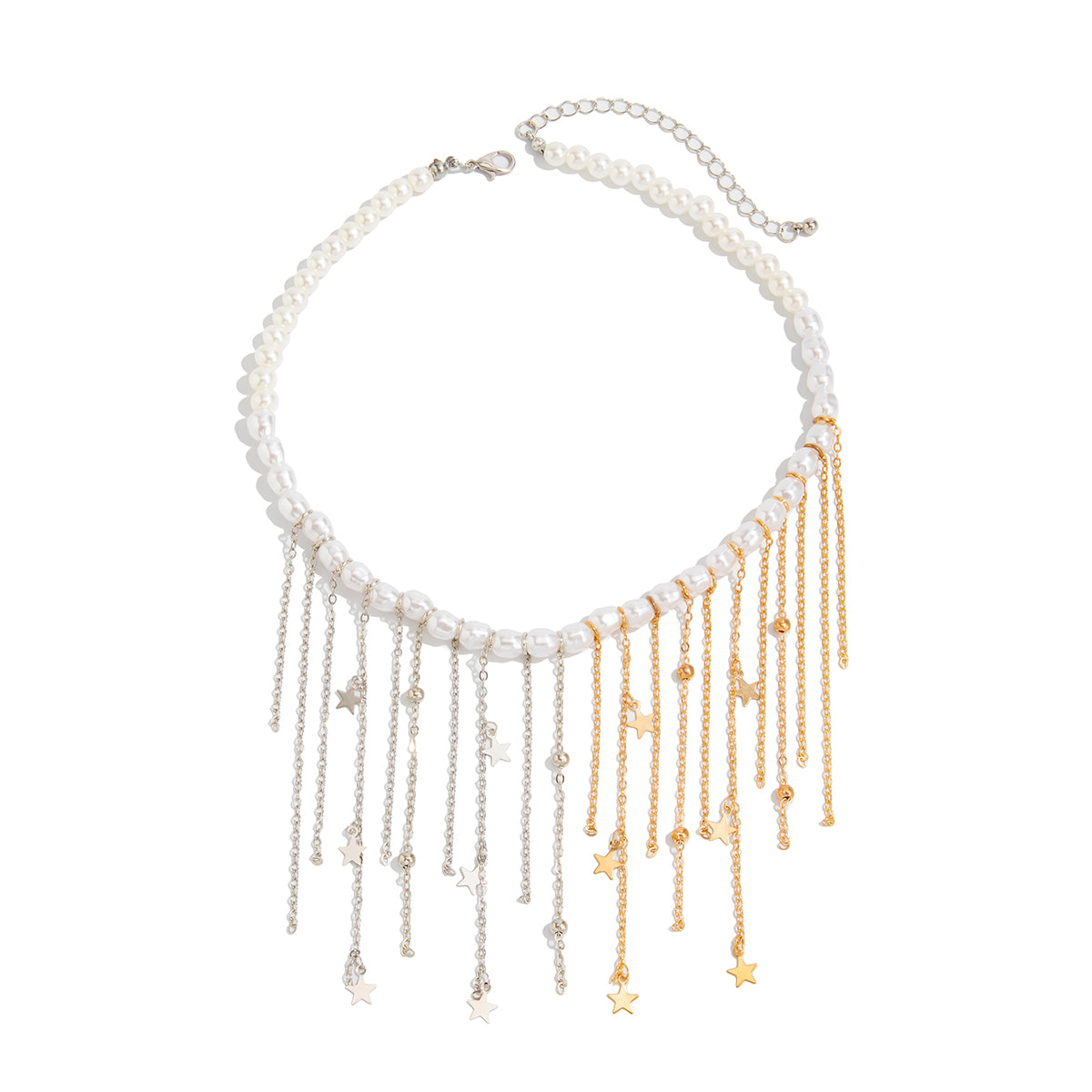 Pearl and Two Tone Star Tassel Collar Necklace, everyday style, front view