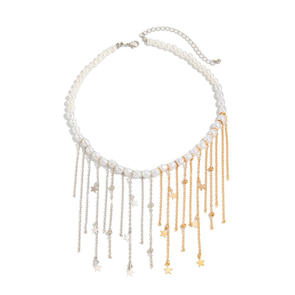 Pearl and Two Tone Star Tassel Collar Necklace, everyday style, front view
