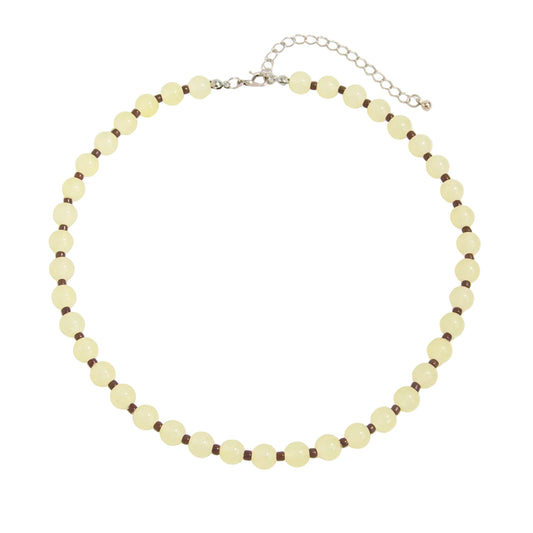 Light Yellow Jade and Silvertone Beaded Chain Collar Necklace, elegant gift for her, front view