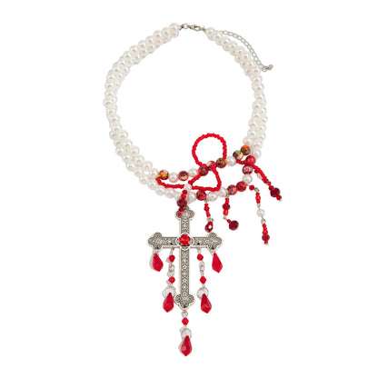 Red Acrylic and Pearl Silvertone Cross Pendant Layered Necklace, everyday style, front view